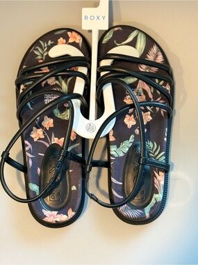Roxy Black Floral Strap Sandals with Pink & Green Accents
